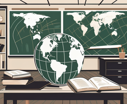 A classroom setting with a globe