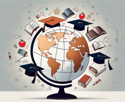 A globe with various educational symbols like books