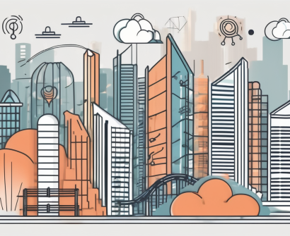 A symbolic ladder leaning against a stylized skyline of singapore