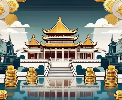 A luxurious chinese landscape with a grand school building in the foreground