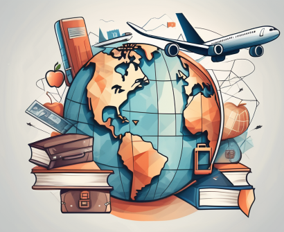 A globe with various educational symbols like graduation cap