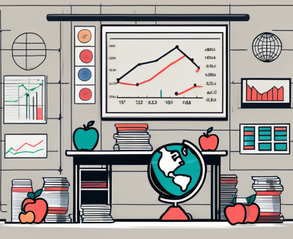 A classroom setting with a chalkboard displaying graphs and charts