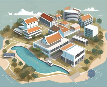 A variety of international school buildings scattered across a stylized map of thailand
