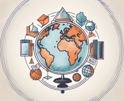 A globe surrounded by four symbolic icons representing education