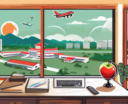 A vibrant vietnamese landscape with a school building in the foreground and iconic landmarks in the background