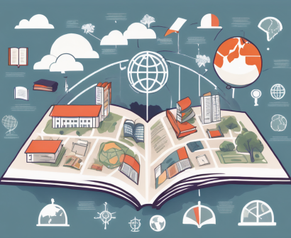 A global map with various iconic international school buildings