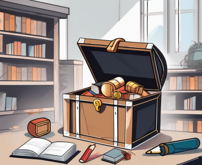 A classroom setting in malaysia with a key unlocking a treasure chest full of educational tools like books