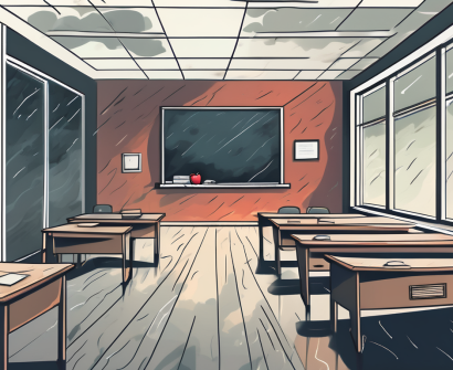 A classroom desk abandoned with an apple and a nameplate