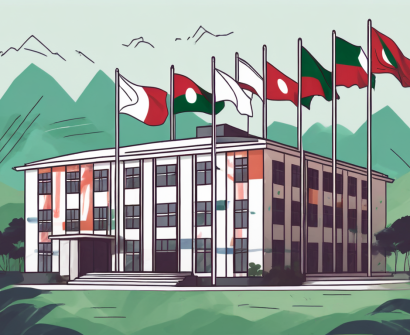 A school building with international flags fluttering around it