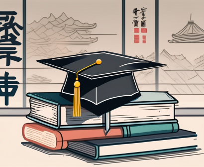 A classroom setting in china with different language symbols like english and chinese characters on books and chalkboard