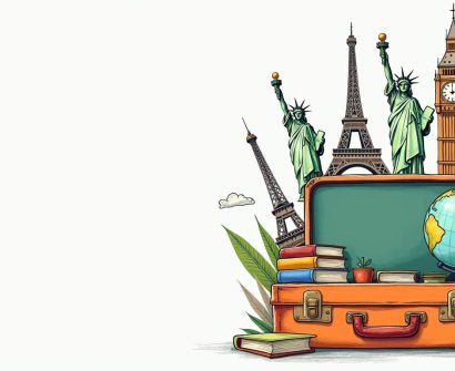 An open suitcase filled with various educational tools and symbols